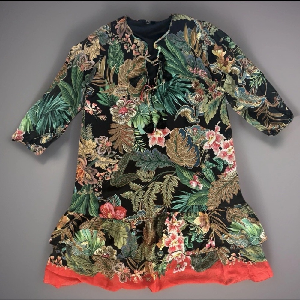 SEVENTY by SERGIO TEGON DressTG 46/US 10 Black Tropical Print 3/4 Sleeve Lined